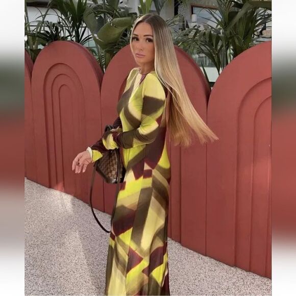 NWT VIRAL ZARA PRINTED MAXI DRESS TULLE BROWN GREEN MULTI - Picture 15 of 16